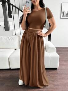 SHEIN Essnce 大码女式黑色套装，休闲裤装，两件套，秋季两件套，秋季黑色上衣两件套，少女服装，演唱会女装修身衬衫休闲套装，大码棕色两件套，女式两件套 - 摩卡棕 - 查看 3