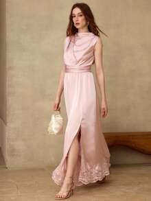 MOTF PREMIUM WOMEN'S SPRING/SUMMER STRUCTURED DESIGN MESH LACE EMBROIDERED PATCHWORK HEM MIDI DRESS - Pink - View 1