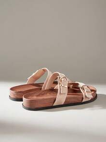 Solecia Women's Buckle Design Casual Everyday Slip-On Sandals - Apricot - View 4