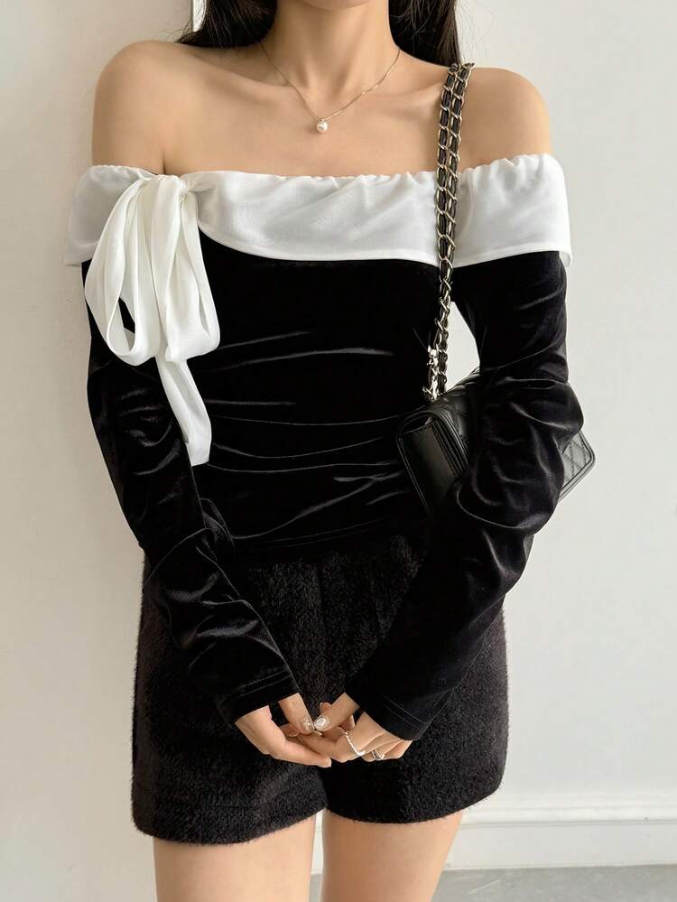 Women's Fashion Contrast Color Off-Shoulder Long Sleeve Crop Top Valentine's Day