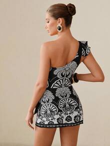 Swim Oasis 女士夏季海滩度假热带印花荷叶边袖口裹身系带连体泳衣 - 黑與白 - 查看 3