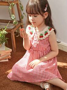 Genkimix Kids 1pc Young Girl Cherry Crochet Peter Pan Collared A-Line Gingham Cotton Dress, Cherry Dress For Little Girl - Black - View 1