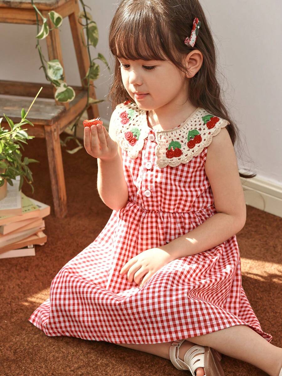 Genkimix Kids 1pc Young Girl Cherry Crochet Peter Pan Collared A-Line Gingham Cotton Dress, Cherry Dress For Little Girl - Black - View 1