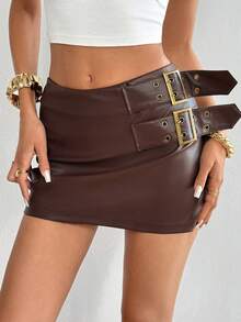 Siren Gaze Women's Brown PU Leather Skirt With Double Waistbands, Retro Style Spring Casual Brown Leather Skirt Belt Skirt Low Rise Skirts Sexy Skirts For Women Women's Skirts - Coffee Brown - View 8