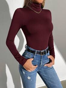 SHEIN Tall 女士纯色高领长袖休闲连体衣 - 中紫紅色 - 查看 3