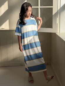 Dazy Kids Tween Girls Striped Round Neck Knit Short Sleeve Nightgown Loungewear - Blue - View 6