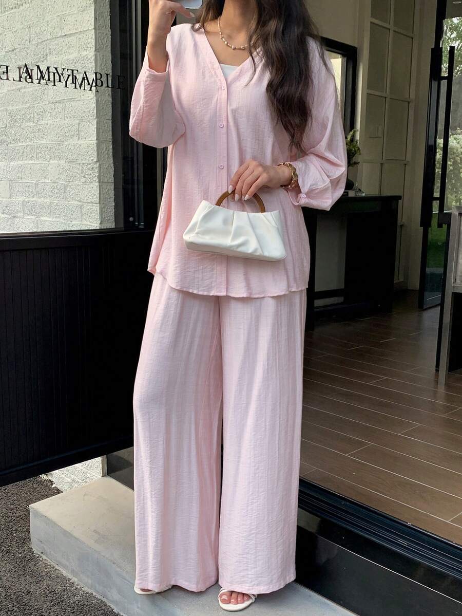 Veilorie Women's Spring Casual Daily Commute Simple Solid V-Neck Shirt And Wide Leg Pants 2 Pieces Set - Pink - View 1