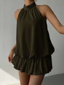 Aloruh Women's Solid Color Ruffle Hem Halter Neck Mini Dress - Army Green - View 4