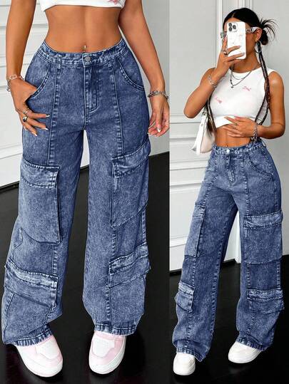 Teen Girls Solid Color Washed Baggy Wide Leg Jeans, Sexy Design, Cargo Girl Pants, Hot Pinks Pants, Homecoming Pants, Baggy Jeans, Baggy Girl Jeans, Low Rise Jeans,Business Casual Style Girls Jeans,Fall Clothes Cargo Pants