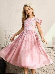 Tween Girl Floral 3D Decor Round Neck Cap Sleeve Elegant Dress - Pink - View 8