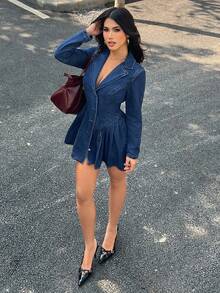 SHEIN PETITE Fashionable Commuter Front Button Waist Pleated Denim Dress