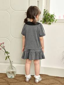 Genkimix Kids 2pcs/Set Toddler Girl Baby Collared Puff Sleeve T-Shirt And Layered Skirt, School Grey Top And Skirt Outfit