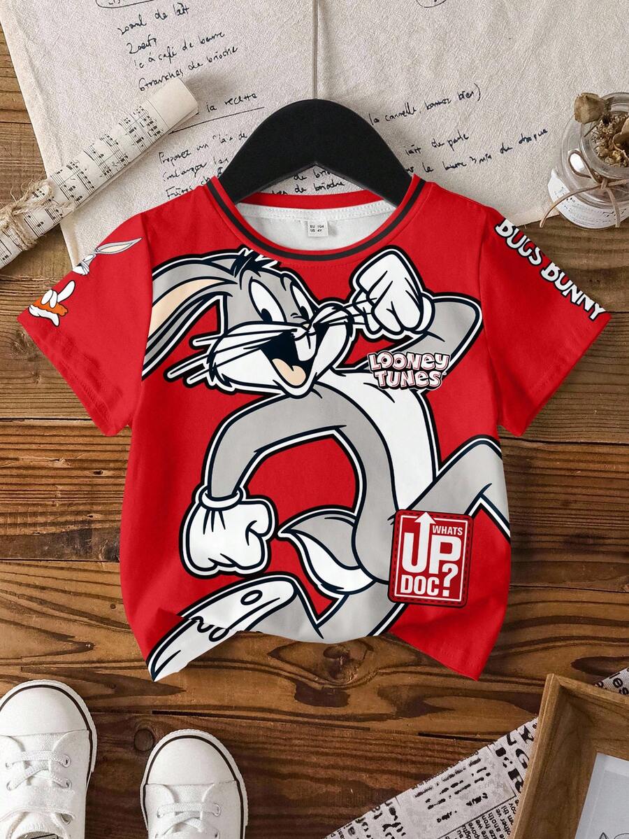 LOONEY TUNES X SHEIN Baby Jungen Buchstaben & Cartoon Grafik Rundhals Kurzarm Top - Weiss - Übersicht 1