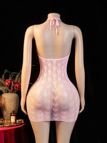 PetitDoll 1pc Women's Heart Hollow Design Halter Neck Sexy Mesh Skirt - Pink - View 2