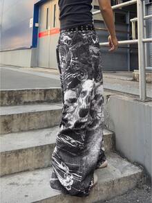 ROMWE MEN Anime Spring Casual Graphic Men'S Printed Loose Fit Jeans, Vintage Street Style Spring/Summer - Black and White - View 3
