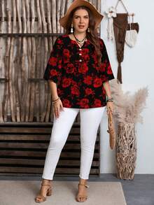 EMERY ROSE 大码复古优雅玫瑰印花休闲简约衬衫，适合约会、情人节、夏季/春季/度假穿着 - 彩色 - 查看 3