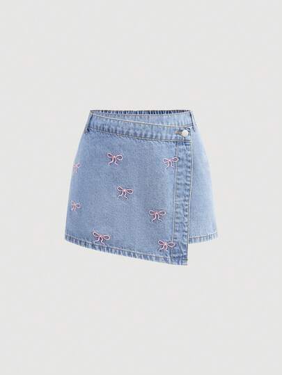 Girlism Teen GirlPink Bow Embroidered Blue Denim Mini Skirt