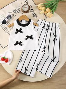 2pcs/Set 2025 Spring/Autumn Girls 4-7Y Sleeveless Top & Butterfly Print Pants Outfit, Fashionable Casual Suit For School, Vacation, Travel, Outdoor Sports, Back To School - White - View 1