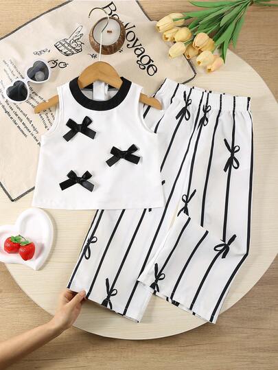 2pcs/Set 2025 Spring/Autumn Girls 4-7Y Sleeveless Top & Butterfly Print Pants Outfit, Fashionable Casual Suit For School, Vacation, Travel, Outdoor Sports, Back To School