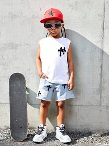 男童休闲舒适百搭无袖上衣和牛仔短裤套装