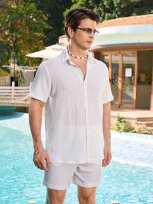 Zalmeno Bộ đồ đi biển dành cho nam: Áo ngắn tay màu trơn và quần short cạp chun có dây rút. - trắng - Xem 5