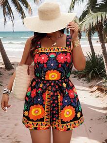 SHEIN PETITE CURVE Plus Size Women Random Print Casual Jumpsuit, Suitable For Summer Wear - Multicolor - View 3