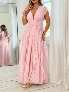 Roveilla Plus Size Elegant Solid Color Ruffle V-Neck Spring/Summer Pleated Dress - Pink - View 4