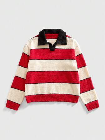 Street Life Maglione a maniche lunghe da uomo con collo a contrasto, a mezza chiusura lampo e a righe