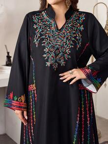 Al Najma 传统刺绣印花长袖立领宽松长款束腰连衣裙，舒适时尚，优雅女士新款土耳其/阿拉伯风格连衣裙