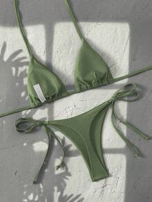 Swim Vcay Conjunto de bikini de tanga sexy con espalda descubierta y atar al cuello de unicolor para mujer - Verde - Ver 2
