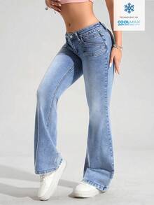 SHEIN PETITE Quần jeans nữ cạp thấp ống loe dáng suông, đa năng, thích hợp cho việc đi làm. - Rửa nhẹ - Xem 4