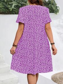 EMERY ROSE Plus Size Women's Summer Ditsy Floral Ruffle Sleeve Holiday Dress, Summer Dresses - Mauve Purple - View 2
