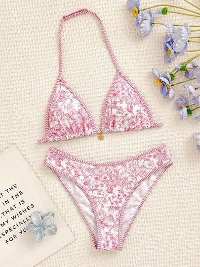 SHEIN Teen Girls Vintage Floral Print Spaghetti Strap Bikini Set Apricot Knitted Texture Shell Decoration Halter Neck Stitch Halter Triangle Bikini Set Summer Beach Outfit Bathing Suit
