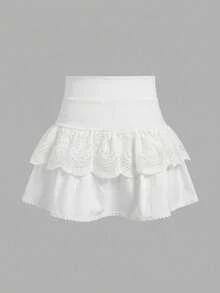 SHEIN Girlism 少女针织纯色可爱荷叶边多层内置短裤迷你裙，Y2K风格，时尚独特，返校季 - 白色 - 查看 2