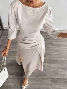 Siren Gaze Women's Elegant Asymmetrical Slit Ruffle Hem Dress, Casual Long Dress Spring - Apricot - View 5