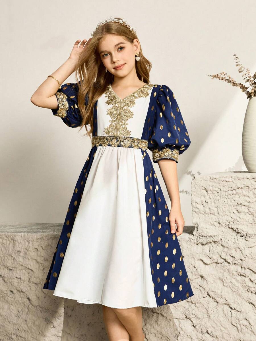 Flower Girl & Big Girl High-End Palace Style Gold Foil Puff Sleeve Elegant Party Summer Dress,Navy Blue And White Embroidered Princess Formal Gown - Blue - View 1