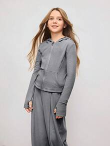 SHEIN 少女柔软舒适长袖卫衣套装，适合休闲场合 - 淺灰色 - 查看 3