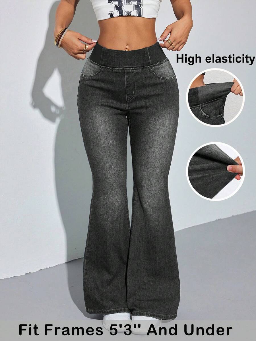 SHEIN PETITE Women's Casual Washed High Stretch Flare Jeans - Grey - View 1