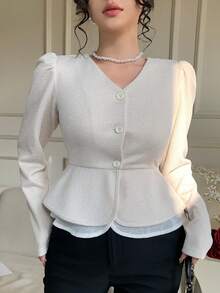 DAZY Frühlings-/Sommer-Lässig Volant Patchwork Langarm Bluse für Frauen, elegant für Büro, Hochzeit, Valentinstag - Aprikosenfarben - Übersicht 5