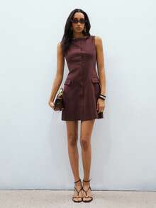 ATUI Studio Women'ssummer Simple Casual Vacation Beach Commuting City Sleeveless Open-Collar Solid Color Linen Dress,Summer Dresses For Women,Beach Outfits For Woman,Teacher Outfits For Women,Summer Dresses For Vacation,Linen Dress Women,European Summer,Wedding Guest Dress Women,Formal Dresses For Women,Business Casual Woman,Elegant Dresses For Women,Office Outfits For Women - Brown - View 2