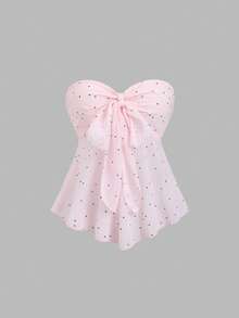 Sweetra Bộ đồ du lịch 2 món dành cho nữ: Áo quây chấm bi hồng và chân váy maxi chữ A nhiều lớp. - Hồng - Xem 3