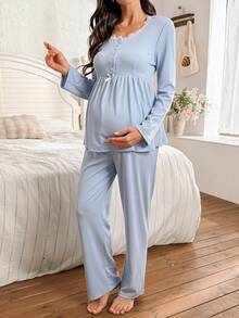 Moonlight&Mama Bộ đồ ngủ bà bầu kiểu dáng thường ngày, màu trơn, chất liệu dệt kim, phối ren, cài cúc phía trước, gồm áo dài tay và quần. - Màu xanh nhạt - Xem 3