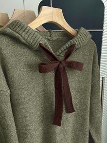 SHEIN LUNE Women's Olive Green Autumn Winter Hoodie Sweatshirt,Loose Long Sleeve Knit Pullover,Casual School Back-To-School Thickened Lantern Sleeve Outerwear - Army Green - View 6