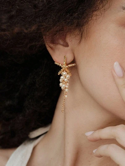 Opalesca Pendientes únicos de diseñador con estrella de mar, perla y borla para mujeres, material natural con chapado, atuendos, dinero antiguo, cuentas, accesorios de boda/novia, Fairycore/Fairy, perla, otoño/invierno, para mamá/mujer/niña/madre, elegante, premium, Día de San Valentín, regalo