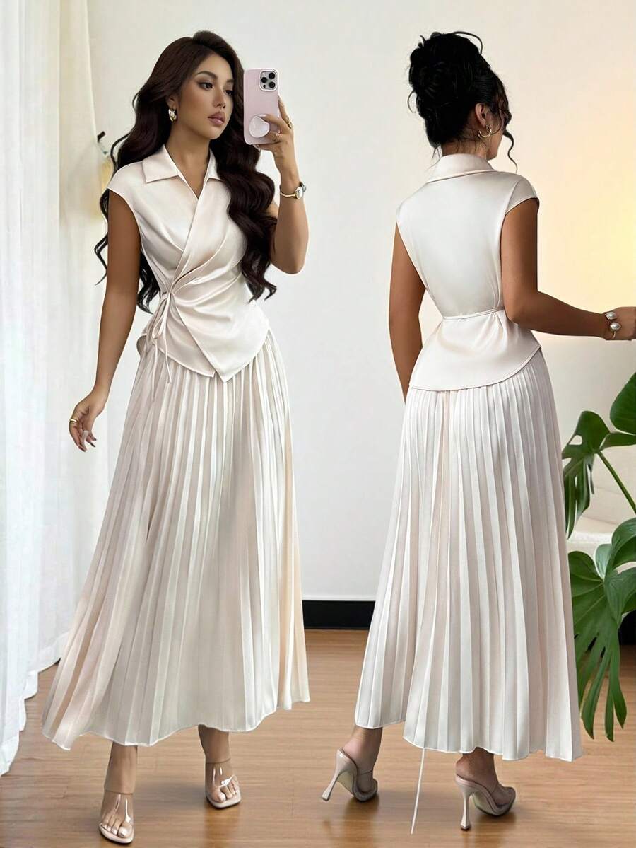 Gloray Sommer Neuer Eleganter V-Ausschnitt Rüschen Wickel Binden Damen Bluse Rüschen Kragen Bindeband Ärmellos Top + Plissee A-Linie Rock 2-teiliges Set, Apricot, Popeline Stoff, Business Lady Anzug, Hochzeitsgast Outfit für Frauen - Aprikosenfarben - Übersicht 1