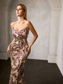 MOTF PREMIUM ELEGANT U-SHAPED NECKLINE FLOOR-LENGTH MERMAID GOWN WITH BACK LACE-UP DESIGN – RANDOM FLORAL BEAD & SEQUIN FABRIC, SLIM-FITTING SILHOUETTE FOR FALL/WINTER FORMAL EVENTS, GALAS & UPSCALE PARTIES - Multicolor - View 7