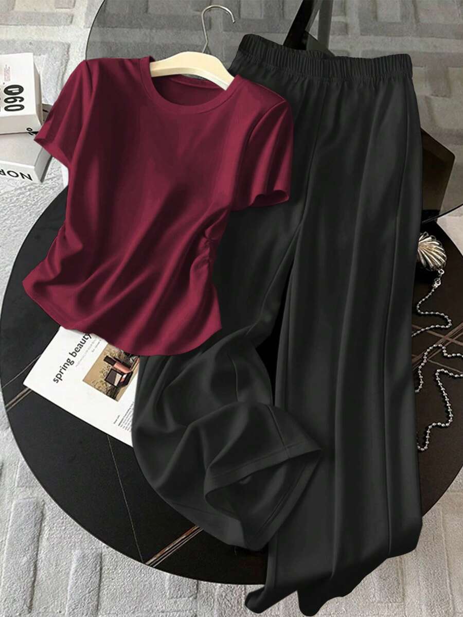 SHEIN Conjunto informal de mujer con blusa de cuello redondo y pliegues de manga corta y pantalón de pierna ancha de unicolor - Multicolor - Ver 1