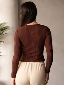 Andrea Bello Women's Casual Knit All-Match Basic Crew Neck Half Button Ribbed Knit Long Sleeve Tee Fit T-Shirt Back To School T-Shirt Teacher T-Shirt Teacher Clothes Fall Women Tops Fall Women Clothes,Brown Top Coffee Brown Top Brown Long Sleeve Top Dark Brown Top Chocolate Brown Top Winter - Coffee Brown - View 2