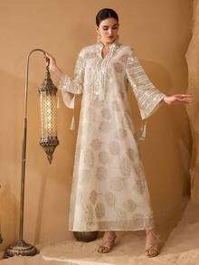 SHEIN Najma Women's Elegant Fabric Fringe Decor Loose Robe