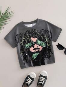 Coolqubz Young Boy Casual Slogan Graphic Round Neck Short Sleeve T-Shirt, Summer Youth Boys Rapper Shirts Boys Graphic Tees Boys Hip Hop Clothing Kids Graphic T-Shirts - Grey - View 7